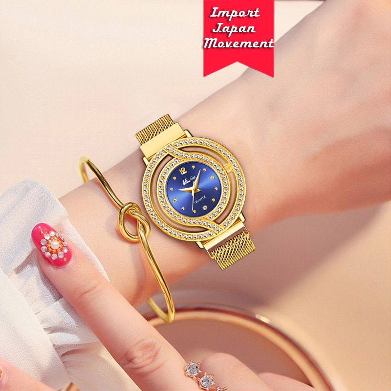 Missfox magnetisk ur dame luksus mærke vandtæt diamant dame ure hul blå kvarts guld dame armbåndsur