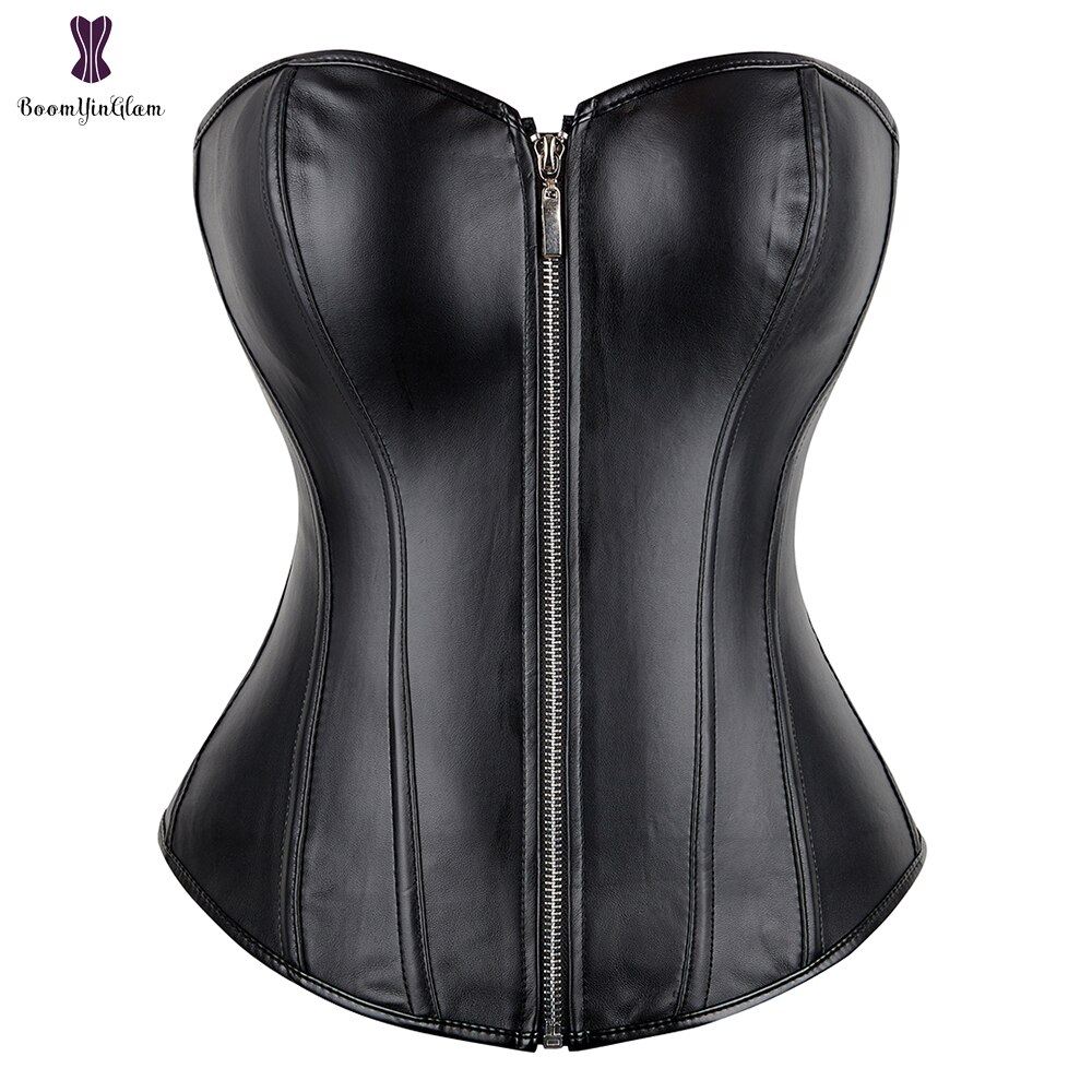 Læder overbust korset lynlås lynlås bustier top showgirl natklubtøj sexet gotisk steampunk gorset plus størrelse talje shaper: Sort / 4xl