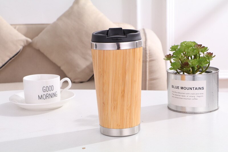 450ml kaffekrus i rustfrit stål med bambus-rejse med lækagesikker, isoleret termokande miljøvenligt træ: Plastikkappe