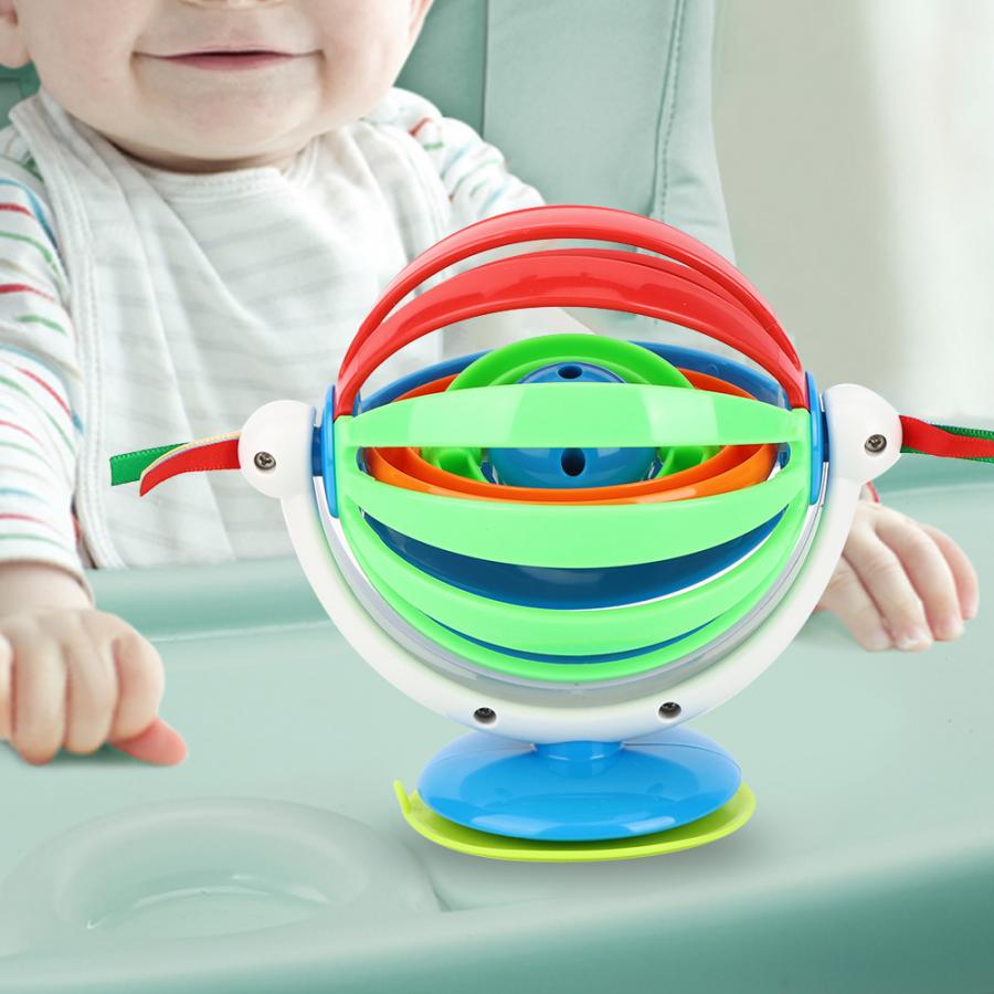 Baby Rattle Ball Toy Rainbow Infant Rotational Hand Knocking Bell Ball Rattle with Suction Cup Dining Table Grasping Toy