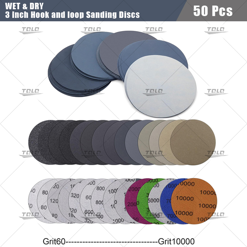 50 Pcs 3 Inch 75mm Sanding Discs Wet/Dry Hook and Loop Sandpaper Assortment 60 To 10000 Grits Abrasive Grinding Disc Polishing