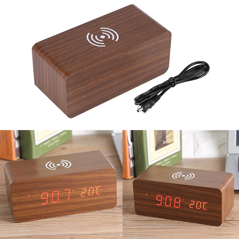 Wooden Clock Voice Control Silence Electronic Clock Wireless Charger Wooden LED Alarm Clock Sound Control Time Date Temperature