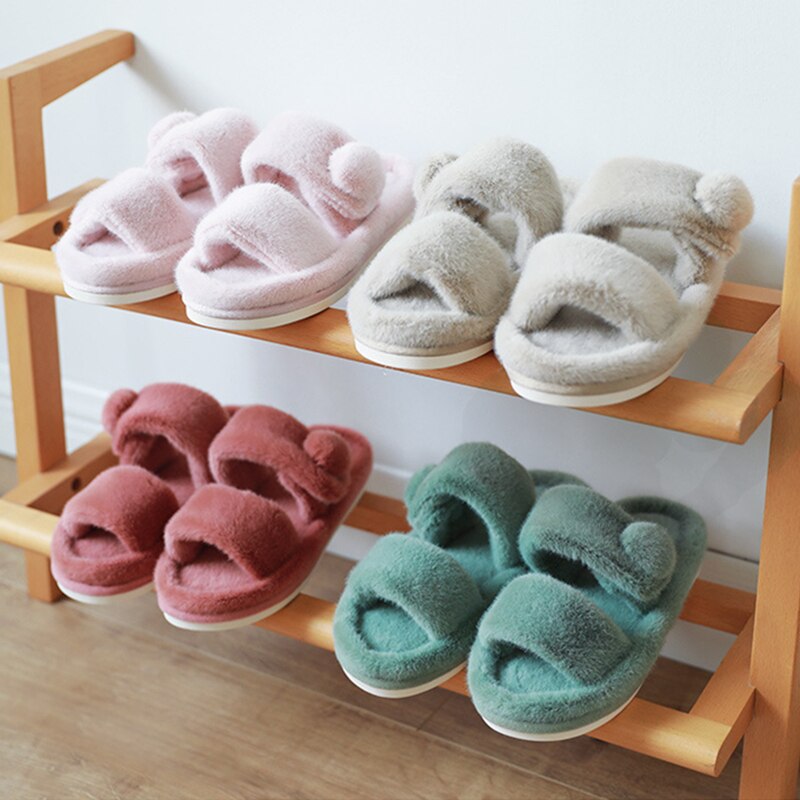 Winter Huis Effen Bont Slippers Voor Vrouwen Slaapkamer Warm Pluche Dames Platte Schoenen Comfortabele Indoor Vrouwen Furry Slipers