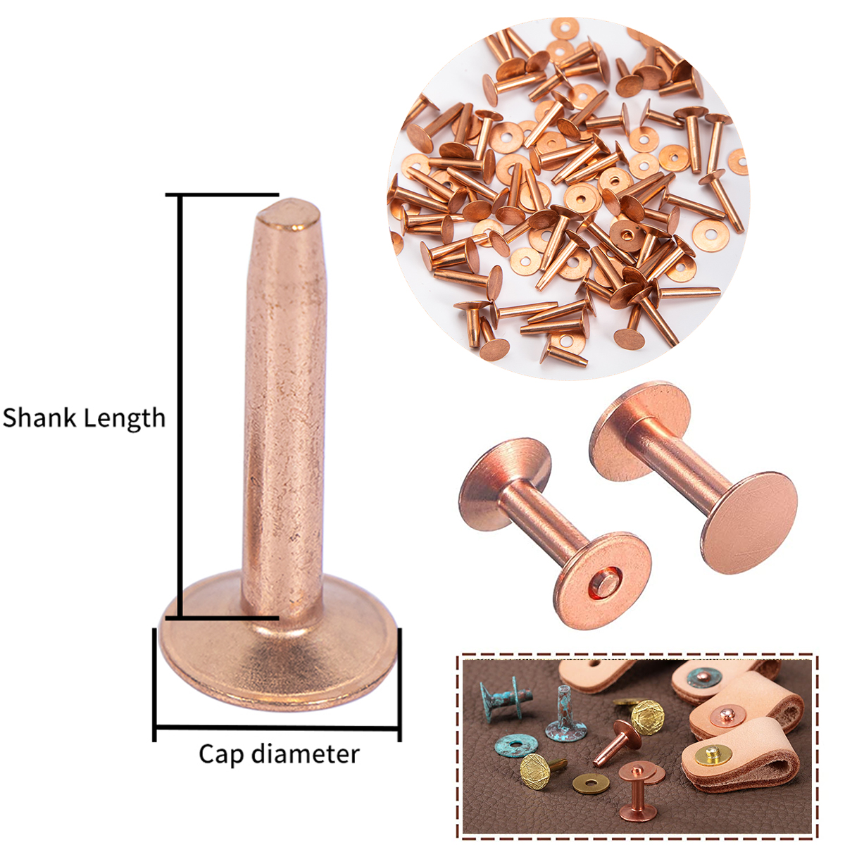 WUTA 43 Pcs Pure Copper Rivets and Burrs,4 Sizes Set Solid Brass Studs Setting Tool for Belts Wallets Collars Leather DIY Craft