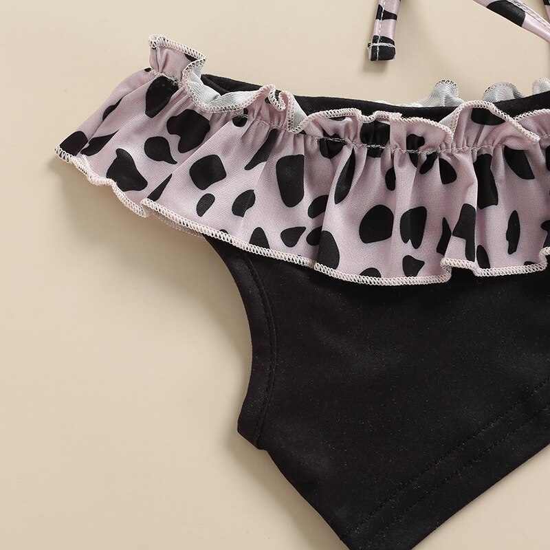 Bañador de 2 piezas para niña, traje de baño con estampado de leopardo, hombro inclinado, correa de un solo hombro, estampado de lunares, Top con volantes + falda