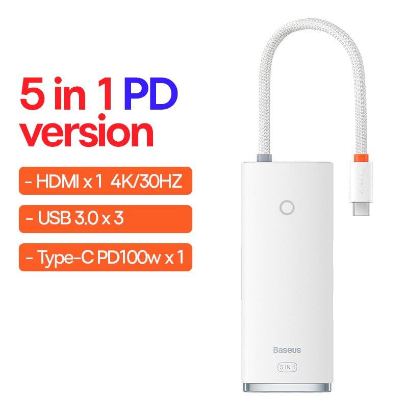 Baseus – HUB USB type-c vers HDMI, adaptateur USB 3.0, station d&#39;accueil 6 en 1 pour MacBook Pro Air: 5in1 PD White