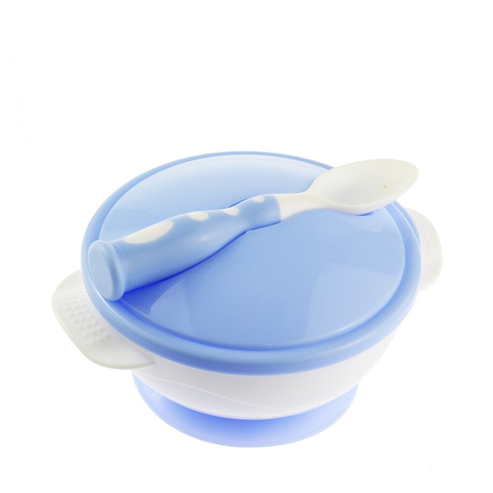 Ensemble de bol d'alimentation pour bébé avec cuillère à détection de température ventouse bol pour bébé vaisselle Kits de vaisselle sécurité enfants bol d'alimentation: Bleu