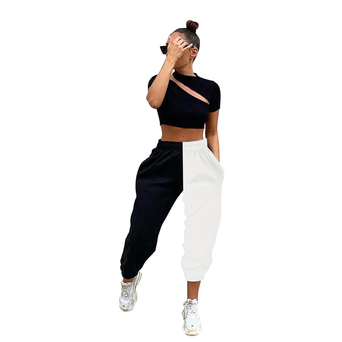 Women Girls High Waist Black &amp; White Patchwork Hip Hop Dance Street Style Sports Casual jogger Pants Trousers