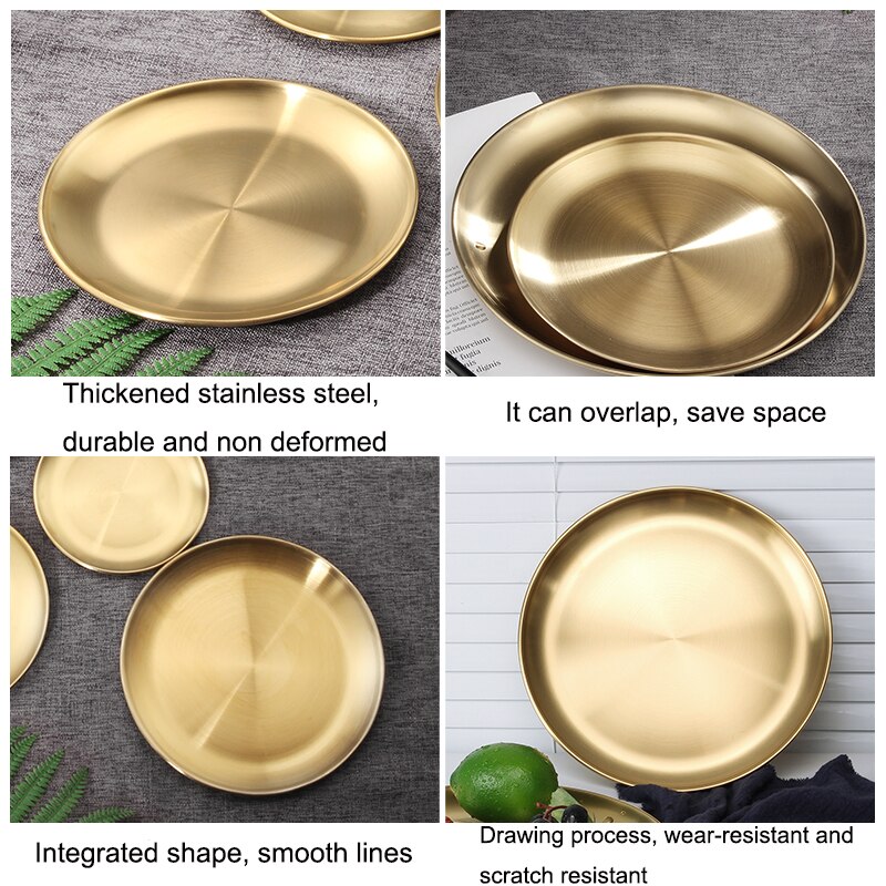 Golden Stainless Steel Round Plate Cake Dessert Flat Plate Thickened Stainless Steel Plate