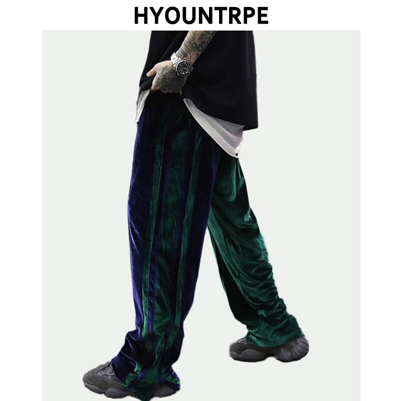 Bunn glidelås fløyel bukser med brede ben herre side skjøtet stripe rett bukse løs tilfeldig elastisk midjebukser hip hop streetwear
