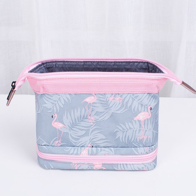 Dubbele Laag Flamingo Cosmetische Tas Vrouwen Make Up Bag Travel Hoge Capaciteit Make Toilettas Kits Necessaire functionele tas: Blue flamingo