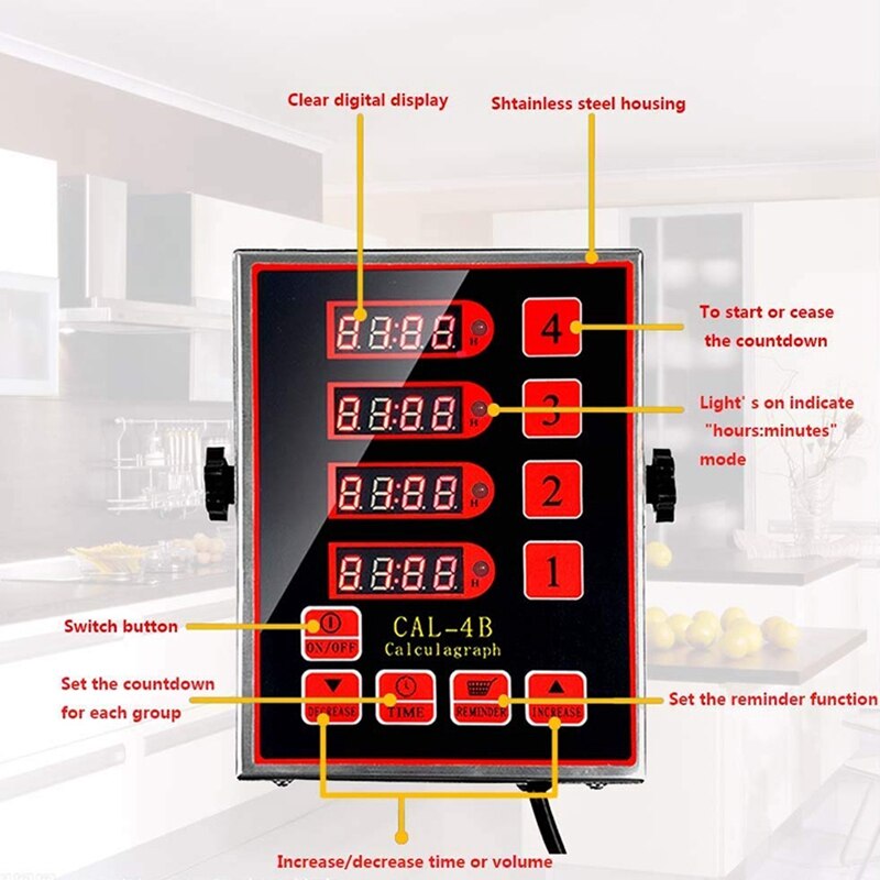 US Plug, Commercial 4 Channel Kitchen Timer Restaurant Timer Loud Alarm Adjustable Cooking Reminder Stainless Steel Clear LED Di