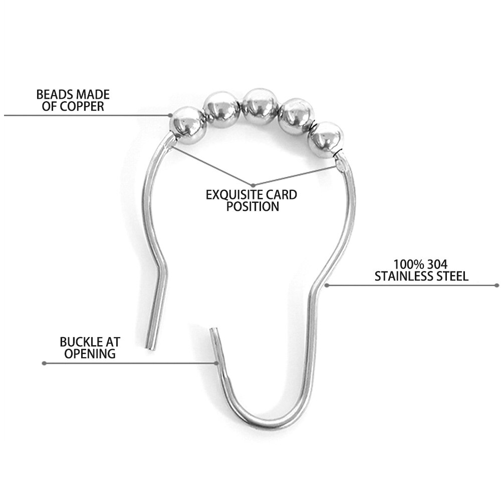 12Pcs Stainless Steel Shower Curtain Hooks Bath Curtain Rollerball Shower Curtain Rings Hook 5 Roller Polished Satin Nickel Ball