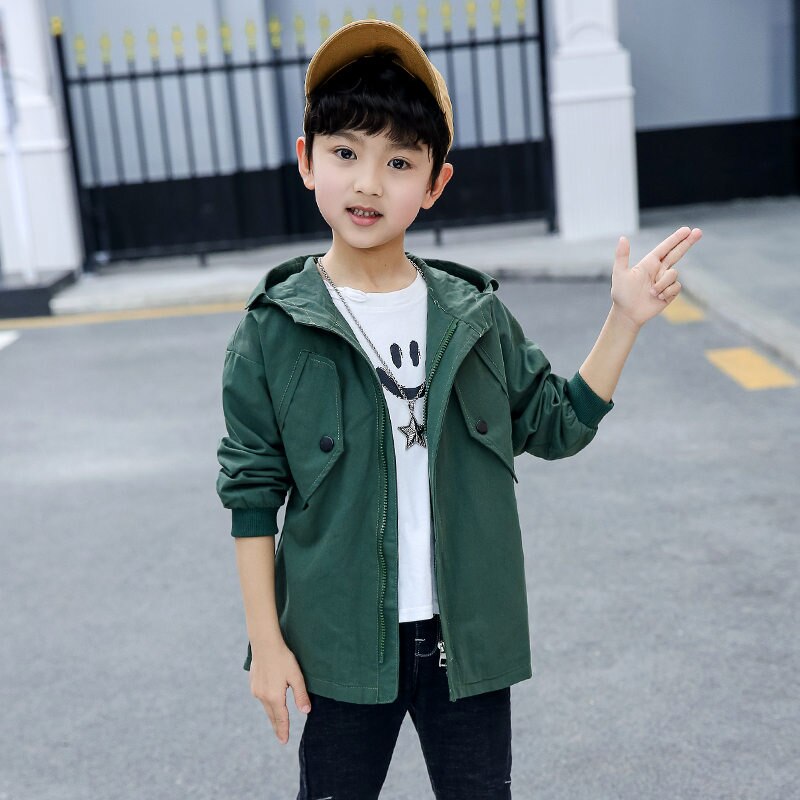 Long modèle décontracté garçons à capuche Trench Coat enfant 4-13 ans automne printemps garçons lettre Trench veste d'extérieur: Vert / 9