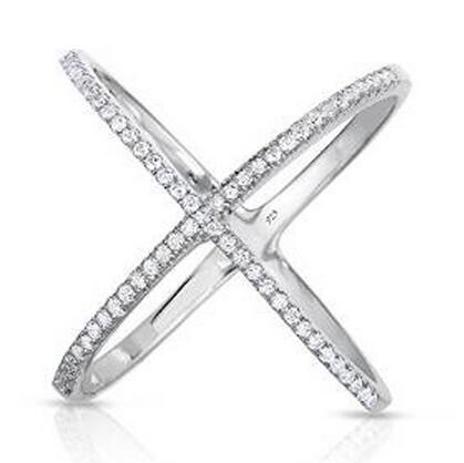 rhodium rose gold authentic 925 sterling silver wide band X ring micro pave zircon criss cross ring for women: Silver / 5