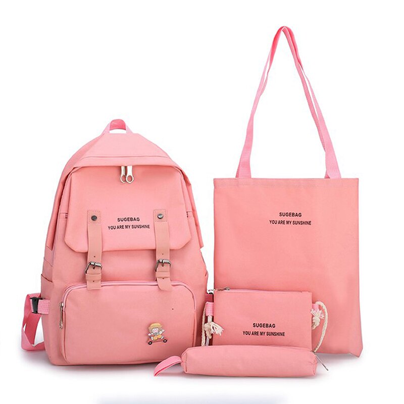 Canvas Female Book Bag Backpack 5pcs/set Schoolbag School Bag Travel Pack Tassel Women Teenage Teenagers Girl: Style 4 Pink