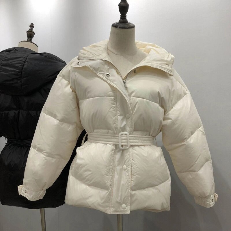 Kvinde vinterfrakker tyk varm jakke talje ned bomuldsforet kvinders parka løs jakke outwear sort jakke med bælte  m19: Beige / S