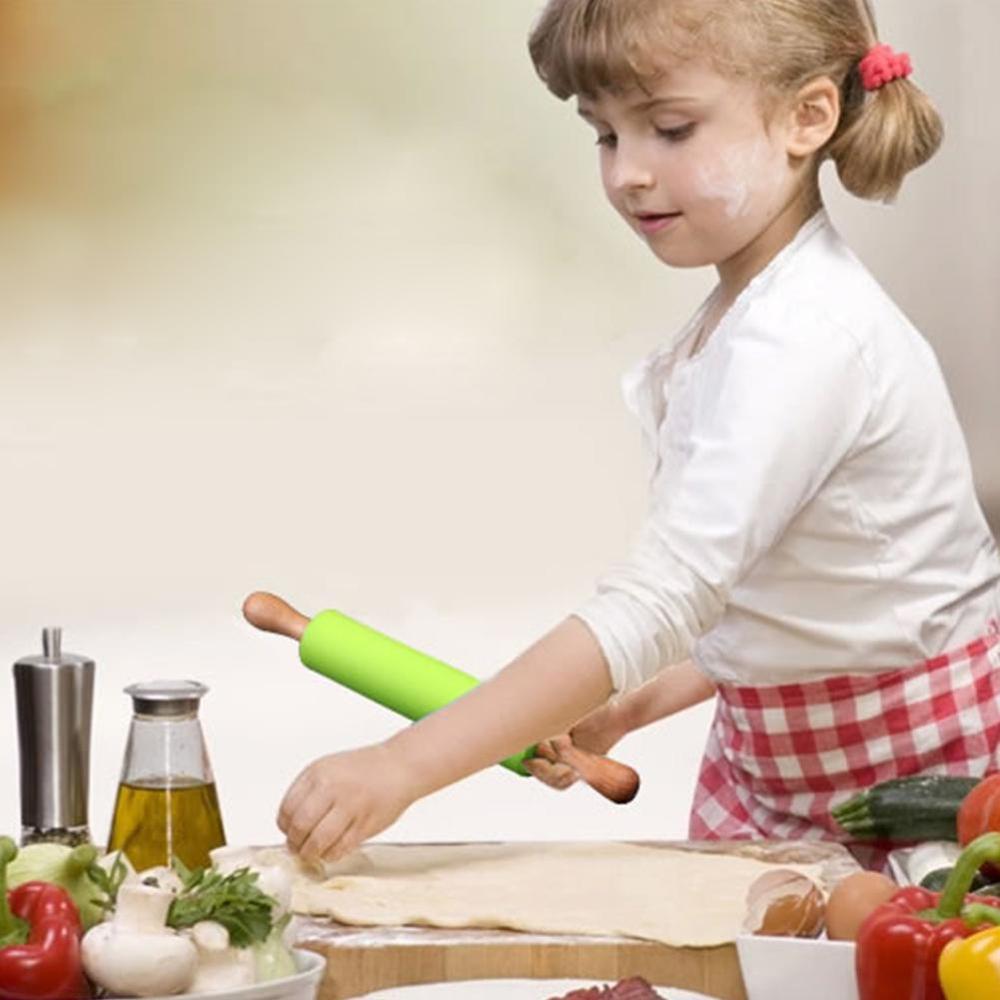 S/M/L Non-Stick Wooden Handle Silicone Rolling Pin Pastry Dough Flour Roller Kitchen Baking Cooking Tools Christmas Rolling Pin
