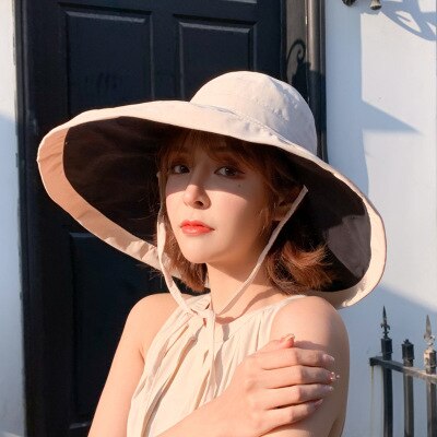 Zomer dames dubbelzijdige brede zonnehoed met grote rand voor buiten op het strand, visserspet, uv-bestendige zonnehoed, emmerhoed: Beige
