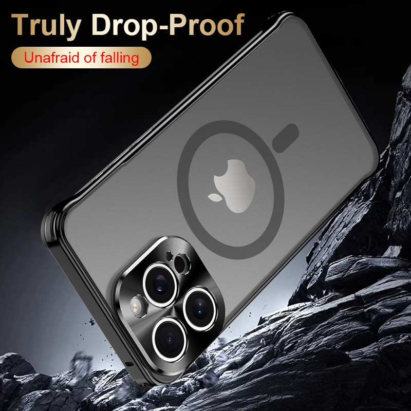 Metal Frameless Fall Protection Case Magsafe matte Wireless Charging Case For iPhone 15 14 13 Pro Max Series Magnetic Phone Case