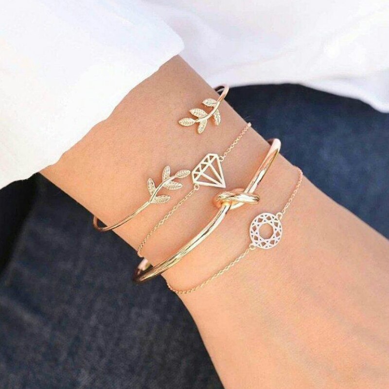 caldo 4 pz/impostato moda boemia foglia nodo mano polsino catena a maglie braccialetto di fascino braccialetto per le donne bracciali in oro gioielli tutto'ingrosso