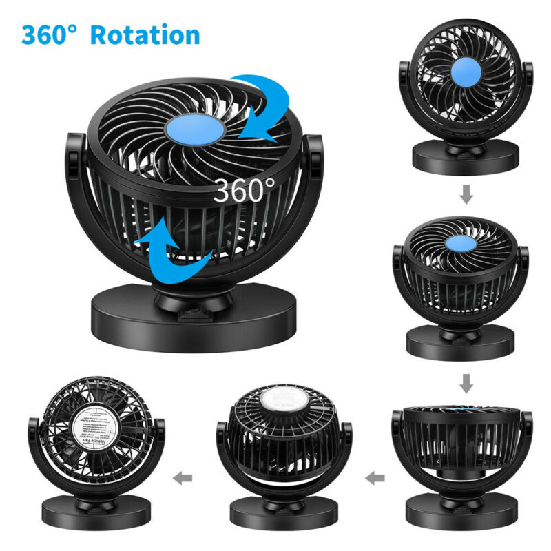 Air Circulator Car 360 Rotation Fan Black Strong Sticky Base Low Noise