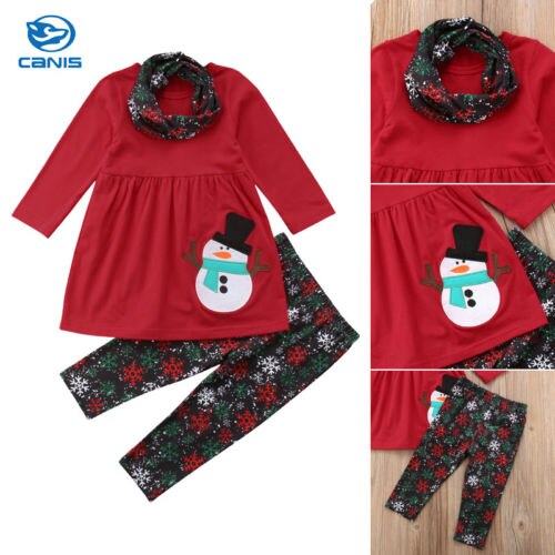 3pcs Kids Baby Girl Christmas Snowman Clothes Romper Dress+Pants Outfits UK