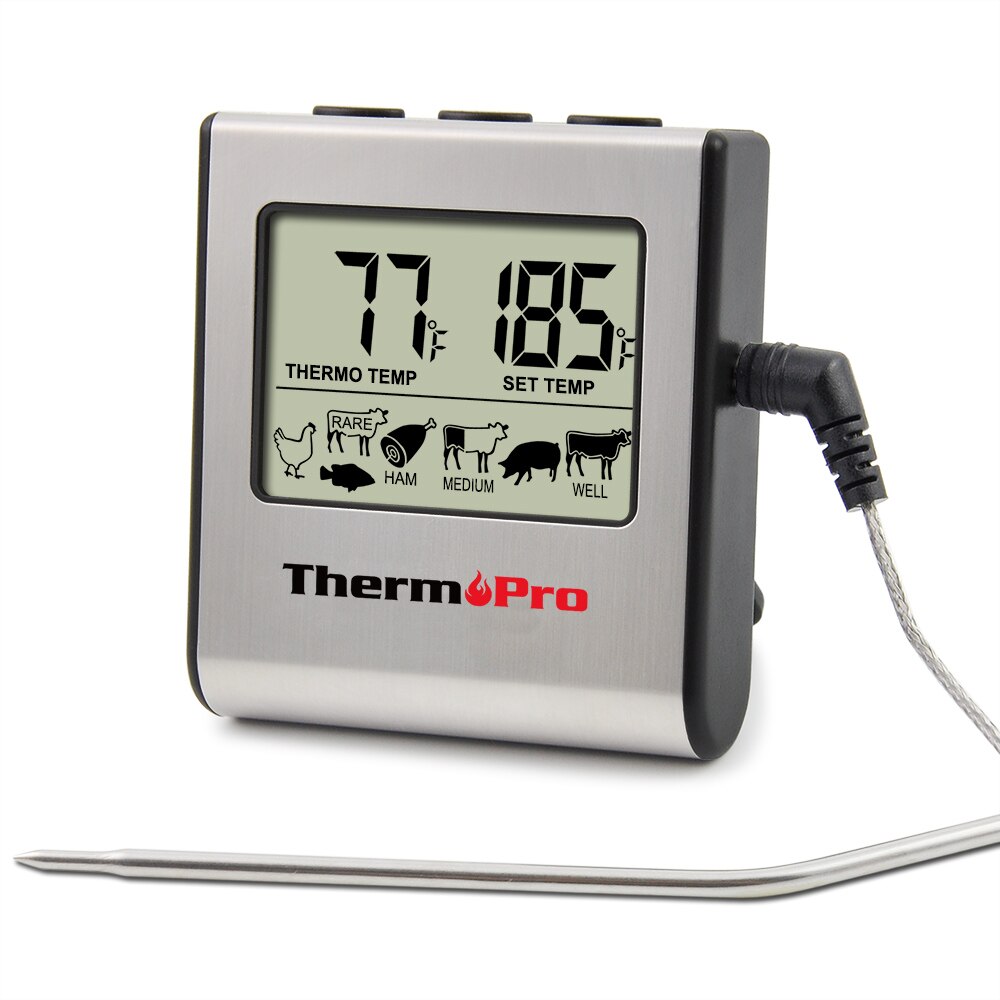Original ThermoPro TP-16 Large LCD Digital Cooking Kitchen Food Meat Thermometer for BBQ Oven Grill Smoker Built-in Clock Timer: Silver
