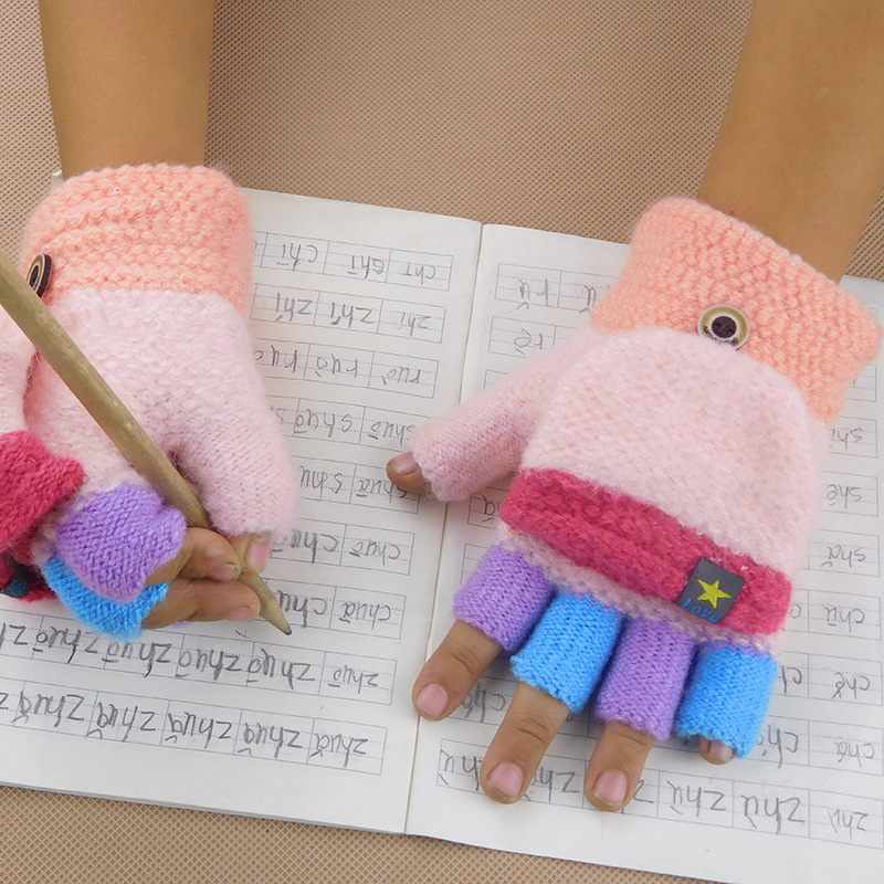Winter kinderen warme handschoenen pentagram sticker 5-10-jaar-oude leerlingen flip kleur schrijven half- vinger handschoenen