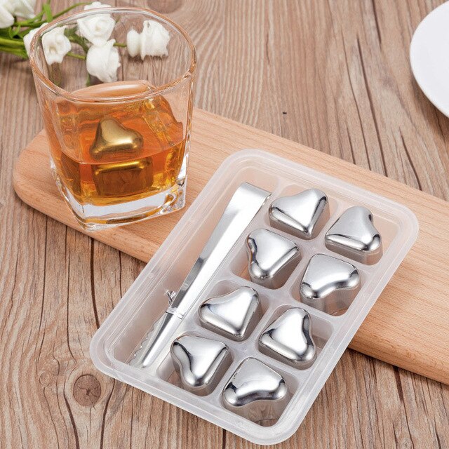 Reusable Stainless Steel Whiskey Stones Ice Cubes Wine Chillers Drinks Cooler Champagne Whiskey Bar Accessories Home Bars: Heart 8PC box clip
