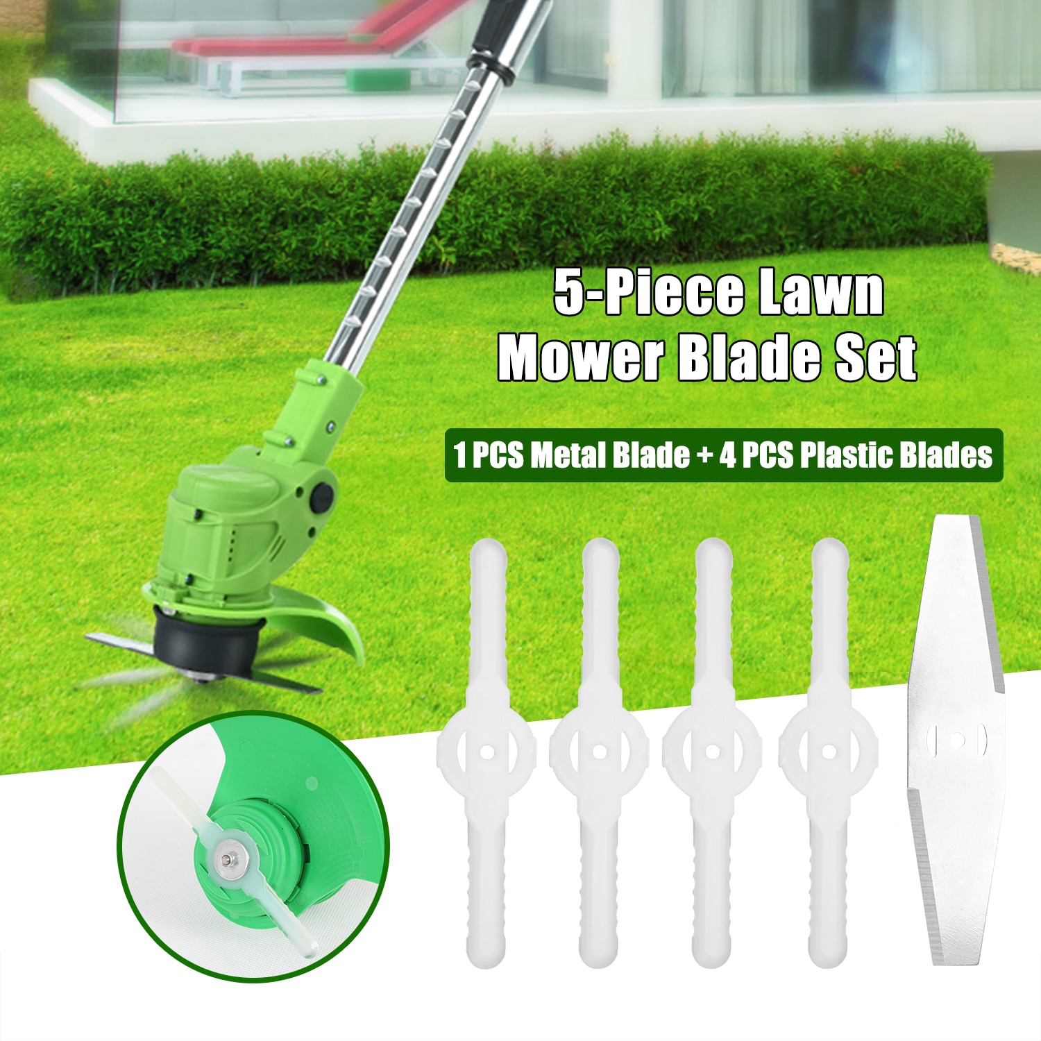 5pcs Lawn Mower Blade Set Includes 1PC Metal Blade 4PCS Plastic Blades Grass Trimmer Weeder Blades Replacement Mower Accessory