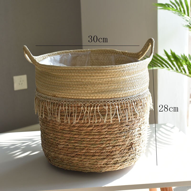 Pot de fleur panier de rangement en paille plantes vertes en Pot panier de fleurs sol tissé à la main intérieur Pot de fleur jardinières Pots jardinières: Beige tassel mouth30