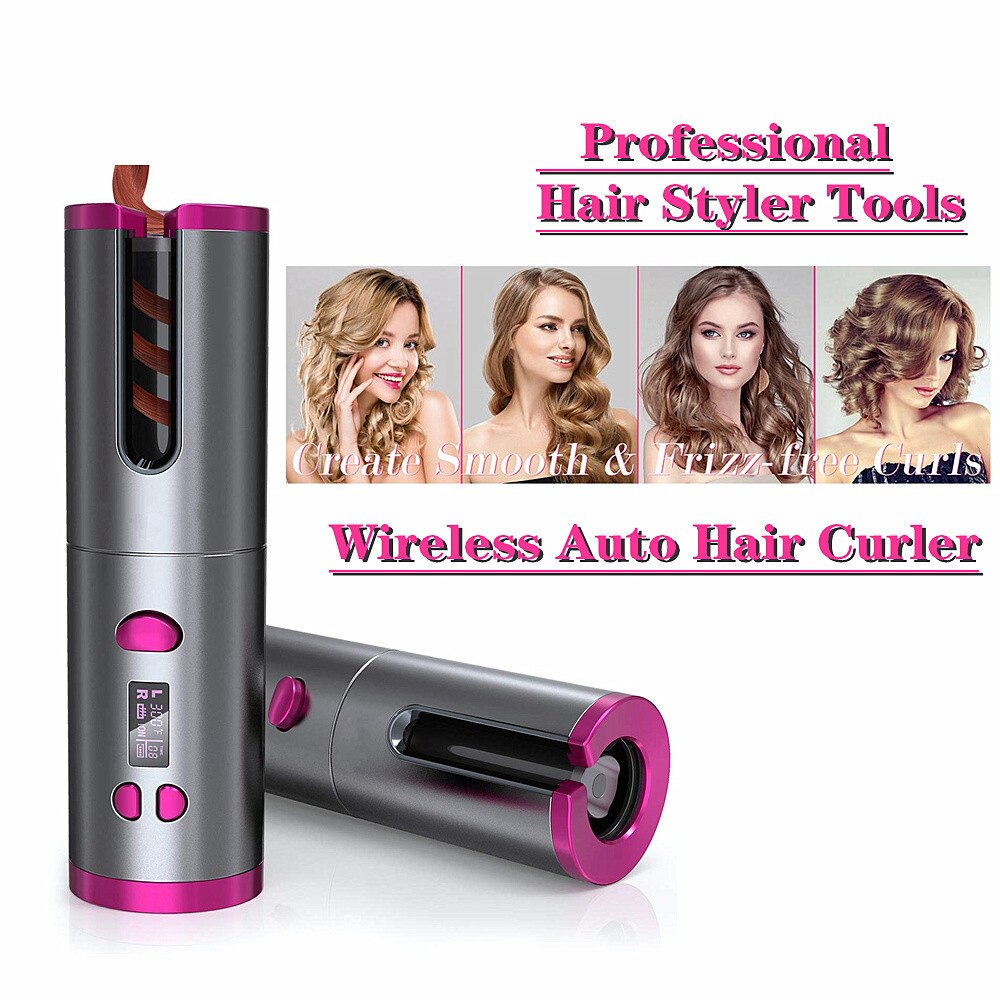 Cordless Auto Waves Curling Iron Electric USB Rechargeable Portable Hair Curler LCD Display Rotating Styler Machine
