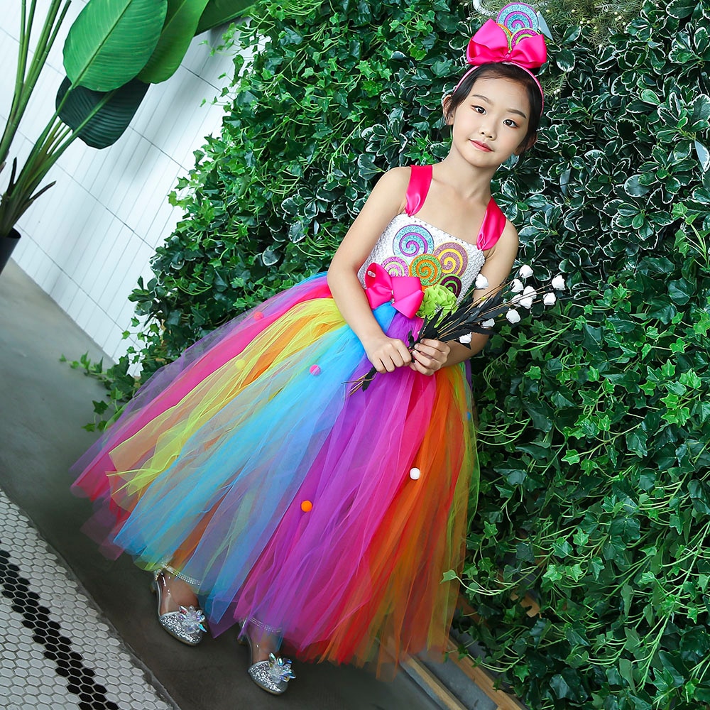 Arco Iris dulce caramelo Hada disfraz de cumpleaños niños Piruleta de arcoíris flor arco tutú vestido y Diadema para carnaval de Mardi Gras