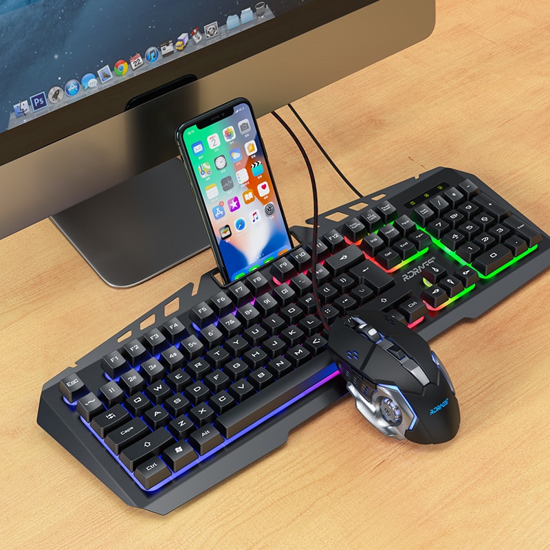 Wired Gaming Keyboard Mouse Gamer Kit PC Gamer Mechanical Feel Keyboards Rainbow Backlight Computer Backlit 104 Keys Keycaps Set