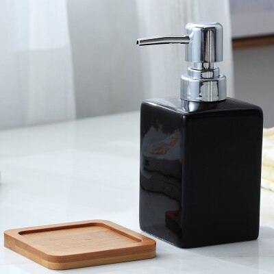 Ceramic Soap Dispenser White Black Bottle Hotel Bathroom Shower Gel Hand Sanitizer Bottle with Bamboo Tray 320ml: 2