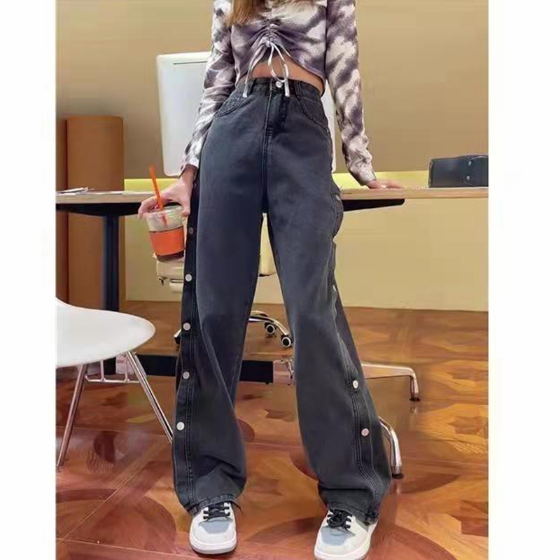 Jean Denim à jambes larges pour femme, pantalon décontracté, taille haute, droit et ample, noir et gris, Vintage, Streetwear: XL