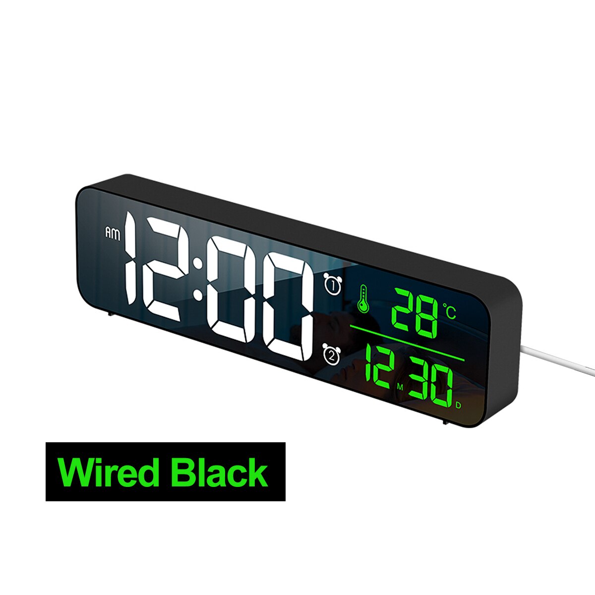 Wireless LED Digital Dual Mode Alarm Clock Digital Snooze Electronic Mirror Clocks 5 Brightness Adjustable Home Table Wall: Wired Black