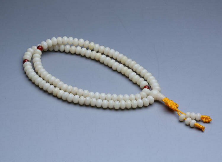 Tibetan Buddhism 108 White Bodhi Root Flat beads Prayer Beads Mala Necklace