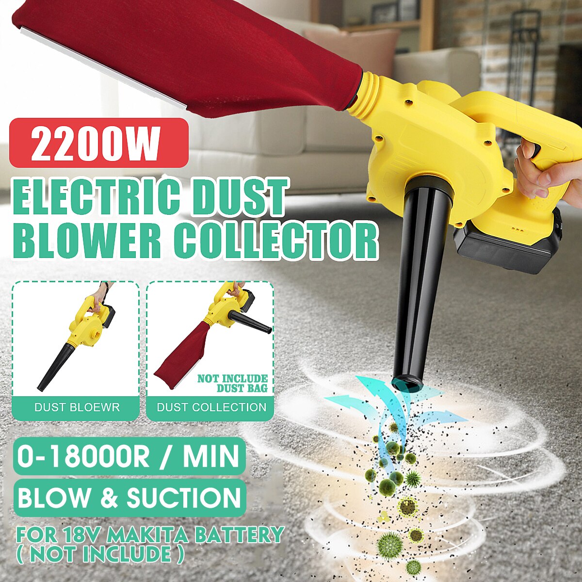 2200W Cordless Electric Air Blower Handheld Leaf Blower & Suction Computer dust CollectorCleaner Tool For Makita 18V Battery
