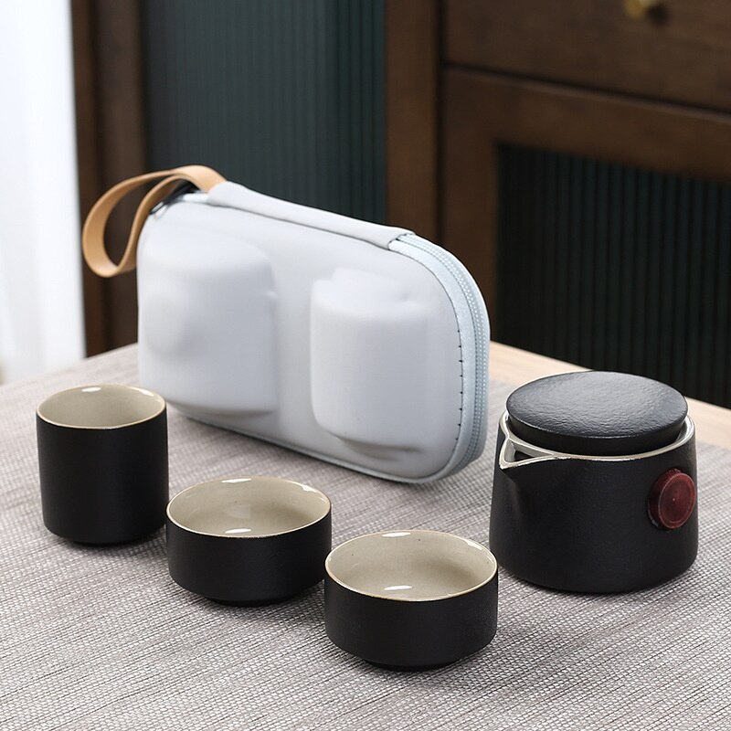Tea Set One Pot Two Cup Set Porcelain Kung Fu Tea Set Storage Bag Teaware Portable Travel Ceramic: Black