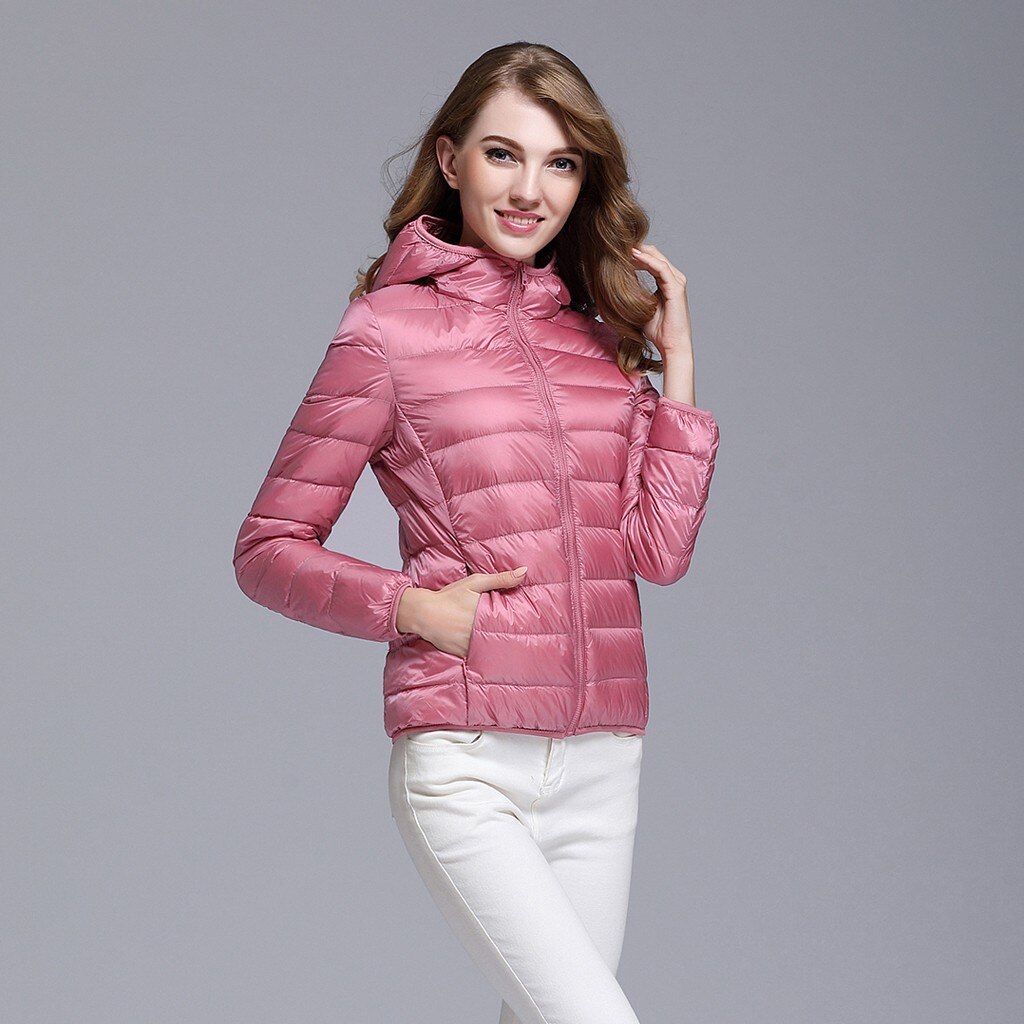 Winter Coat Women Ultra Light Down Jacket White Duck Down Hooded Jackets Parka Casual Female Long Sleeve Solid Outwear Coat: Pink / XL