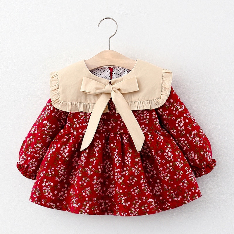 Höst bebis flickor puffärm klänning slagkrage rosett söt vintage kläder prinsessa blommiga vestidos outfits för fest