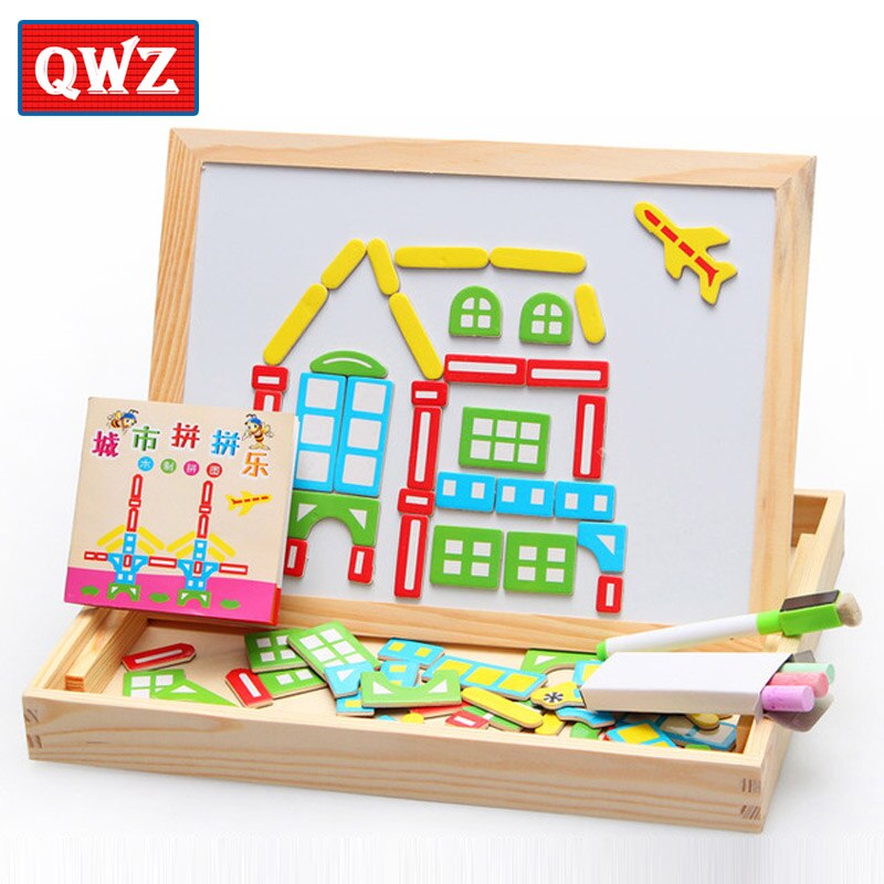 Multifunctional Wooden Magnetic Puzzle Toys Children 3D Puzzle Figure/Animals/ Vehicle /Circus Drawing Board Learning Wood Toys: QWZ091-city-N