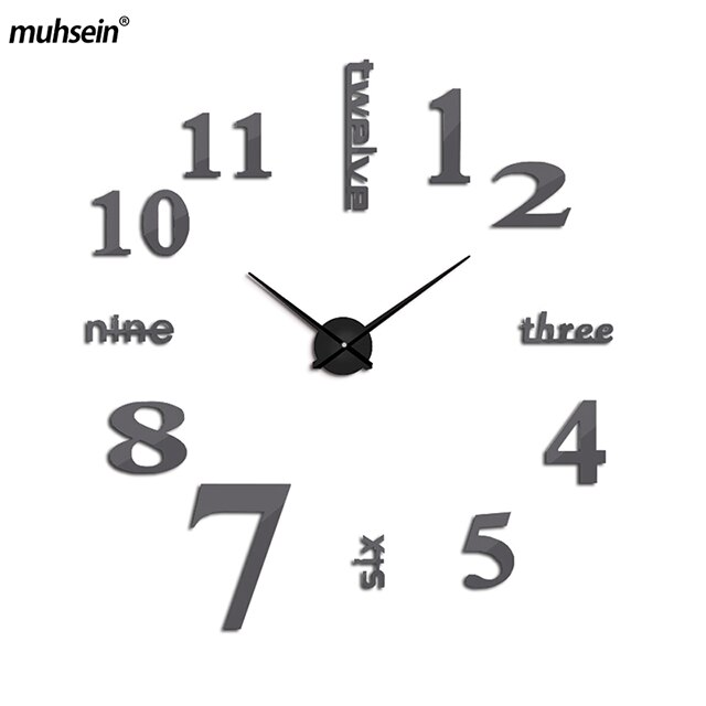 Muhsein gør-det-selv boligindretning vægur akryl spejl wallsticker ur ejendommeligt digitalt mute urværk: Grå / 47 tommer