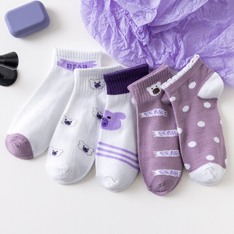 5 Pairs Cow Printed Socks Cute Harajuku Cotton Women Socks Striped Solid Breathable Casual Girls Short Socks