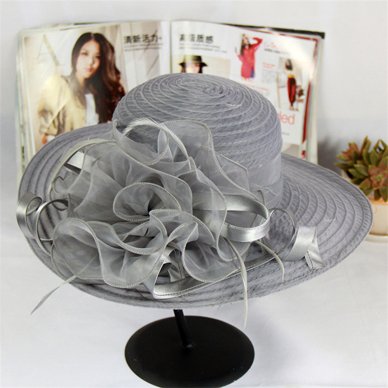 Kentucky Derby Floral Big Brim Hat Women's Organza Wedding Headwear Hat Foldable SunHat Beach with Beaded Festival hat: black