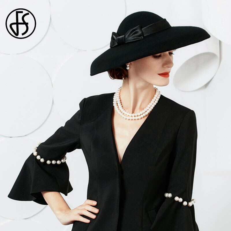 Fs fedora hoeden dames grote rand zwarte wollen hoed winter vilt kerkhoed voor bruiloft bolhoed cloche hoeden derby sombrero vrouw