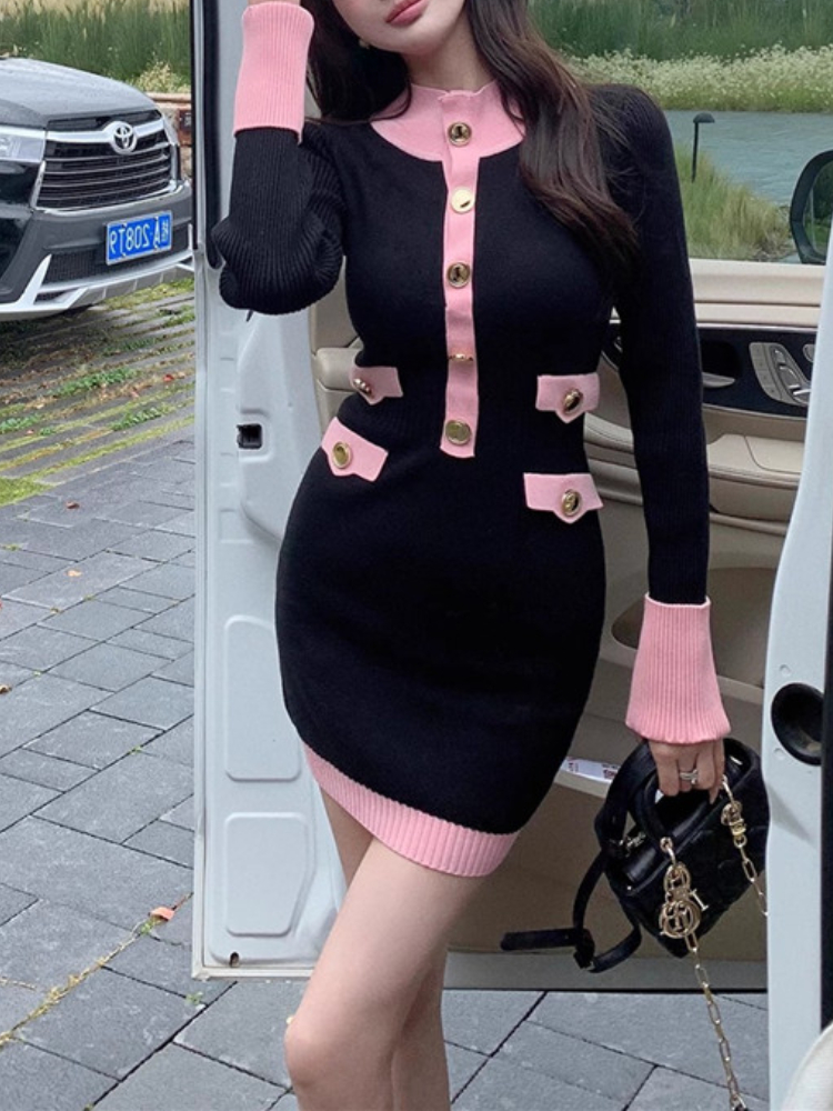 Winter French Vintage Knitted Dress Women Button Patchwork Sweater Dress Female Korean Casual Retro Dress: XL