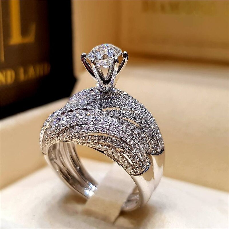 CC-anillos de circonia cúbica redondos para mujer, conjunto de anillo de novia casamiento compromiso, joyería, CC2205
